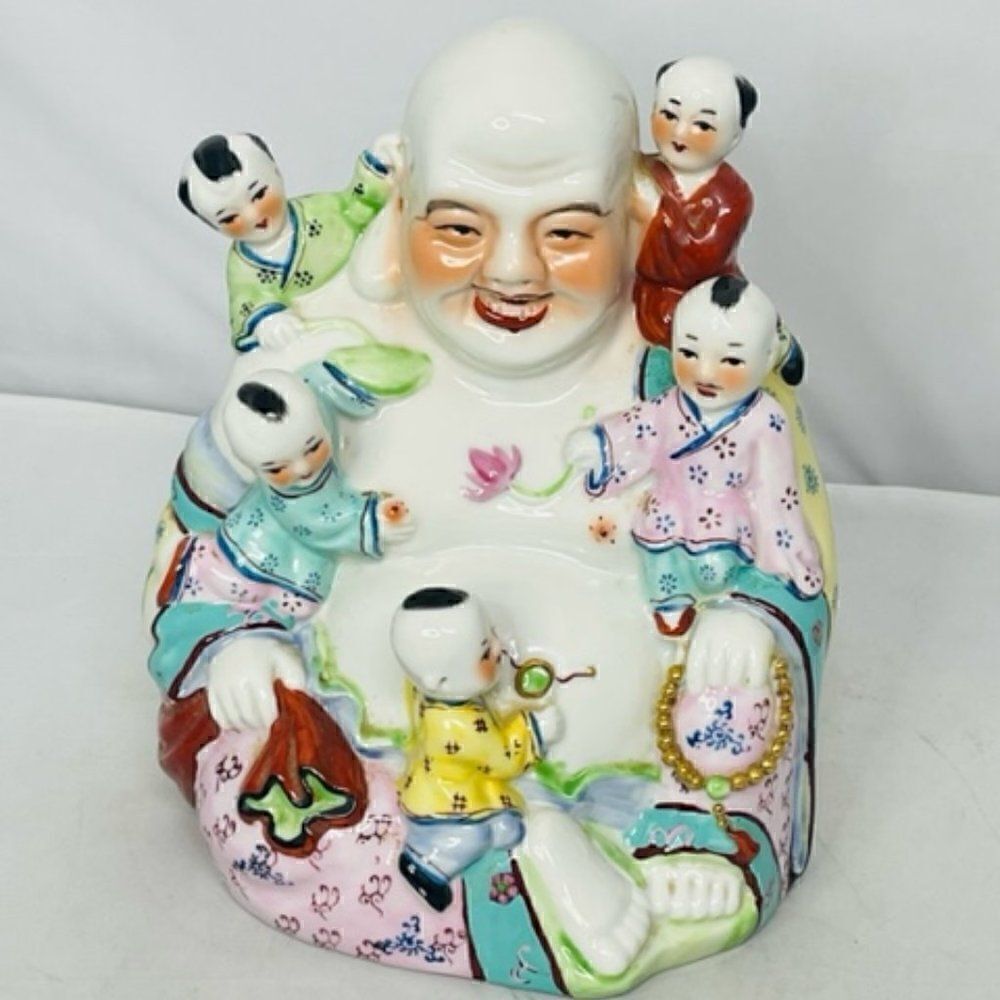 Vintage Buddha Statue With 5 Children Lucky Fertility Family 8.5" tall This vint